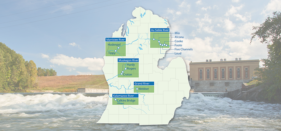 Map of the 13 hydroelectric dams owned by Consumers Energy